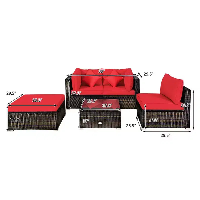 Costway Set 5 Pezzi Arredamento da Esterno in Rattan Set Sezionale da Conversazione con Cuscini Rossi
