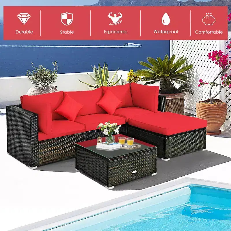 Costway Set 5 Pezzi Arredamento da Esterno in Rattan Set Sezionale da Conversazione con Cuscini Rossi