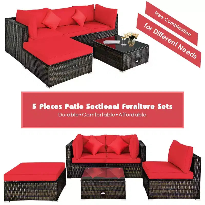 Costway Set 5 Pezzi Arredamento da Esterno in Rattan Set Sezionale da Conversazione con Cuscini Rossi