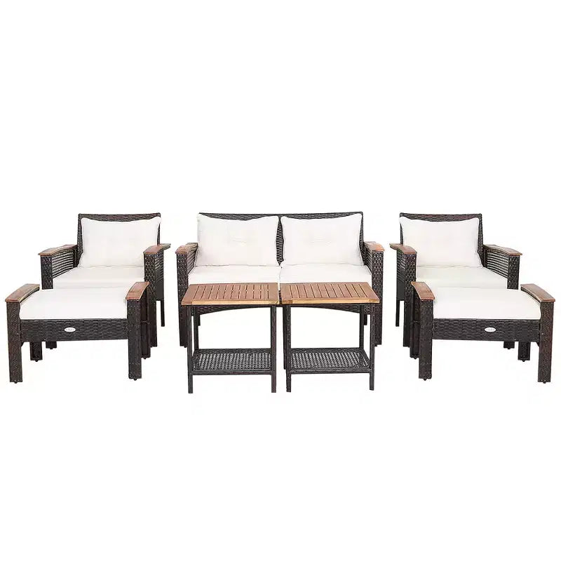 Set Arredamento da Esterno a 7 Pezzi in Rattan con Cuscini, Divanetto, Pouf e Tavolino Costway