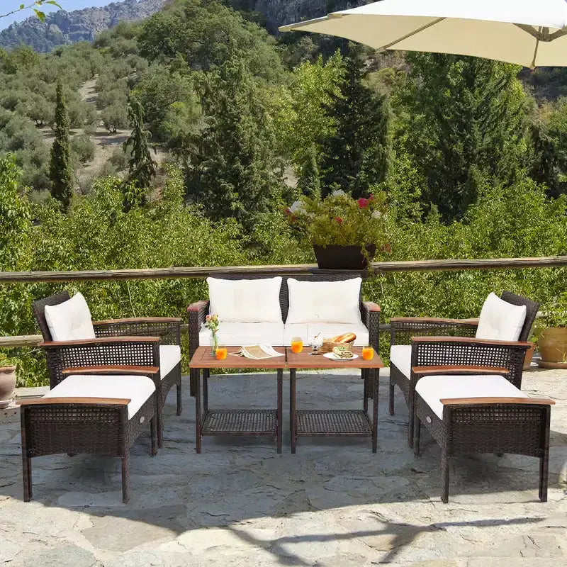Set Arredamento da Esterno a 7 Pezzi in Rattan con Cuscini, Divanetto, Pouf e Tavolino Costway