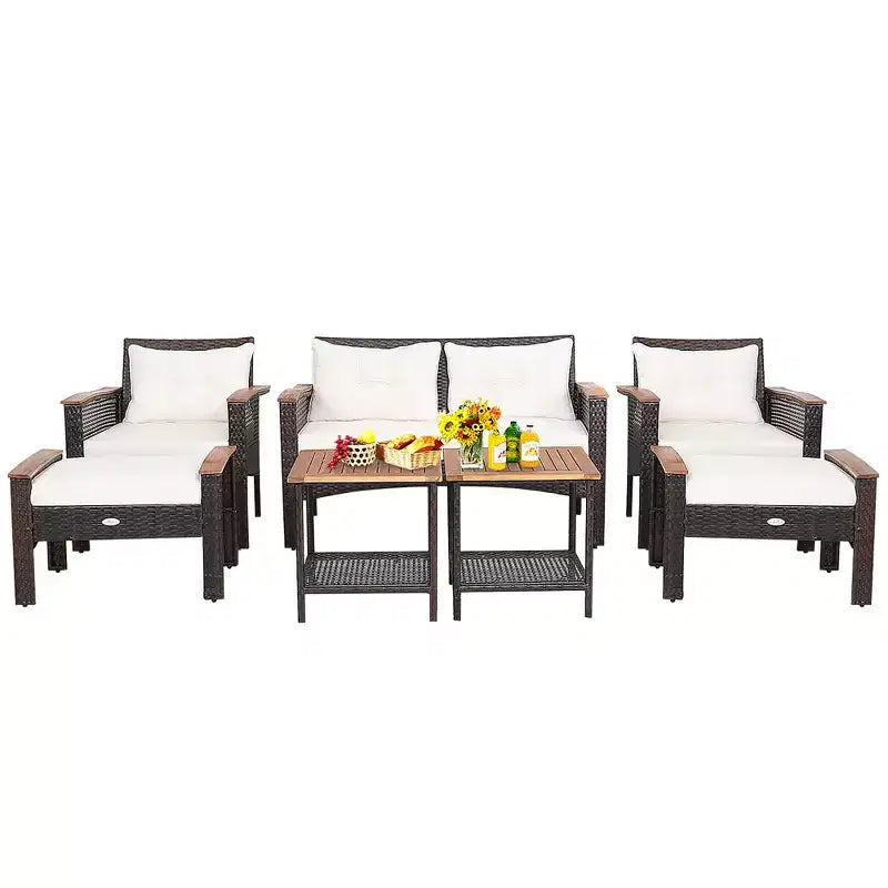 Set Arredamento da Esterno a 7 Pezzi in Rattan con Cuscini, Divanetto, Pouf e Tavolino Costway