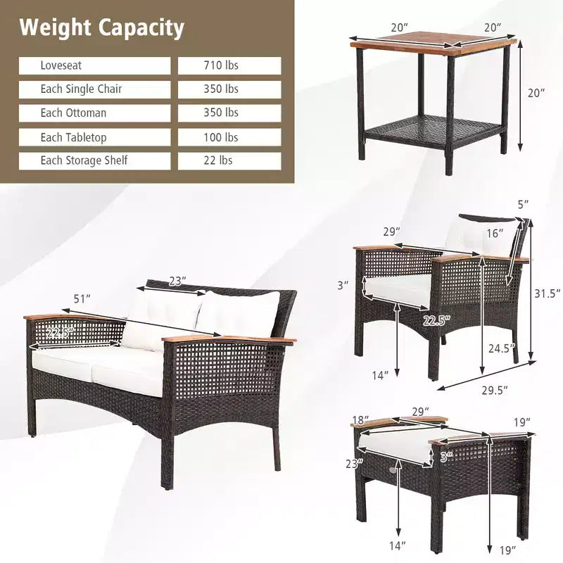 Set Arredamento da Esterno a 7 Pezzi in Rattan con Cuscini, Divanetto, Pouf e Tavolino Costway
