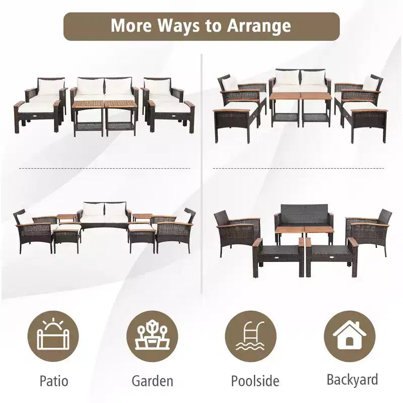 Set Arredamento da Esterno a 7 Pezzi in Rattan con Cuscini, Divanetto, Pouf e Tavolino Costway