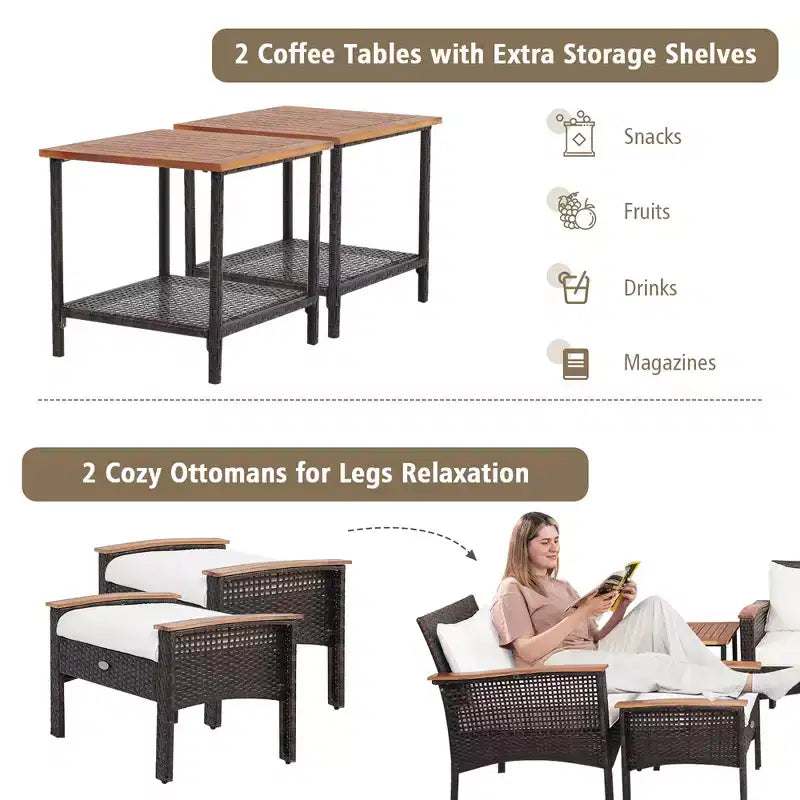 Set Arredamento da Esterno a 7 Pezzi in Rattan con Cuscini, Divanetto, Pouf e Tavolino Costway