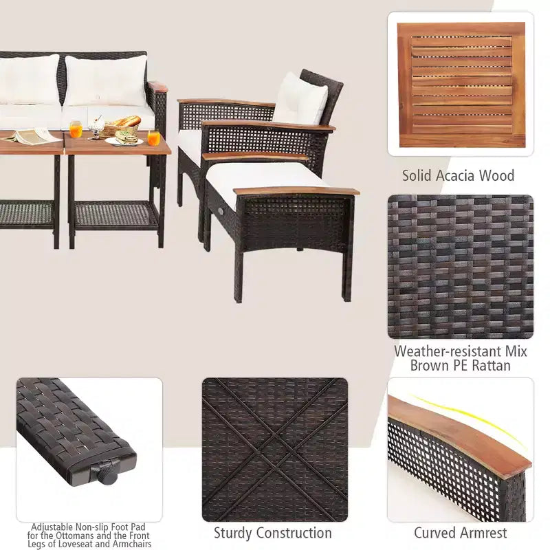 Set Arredamento da Esterno a 7 Pezzi in Rattan con Cuscini, Divanetto, Pouf e Tavolino Costway