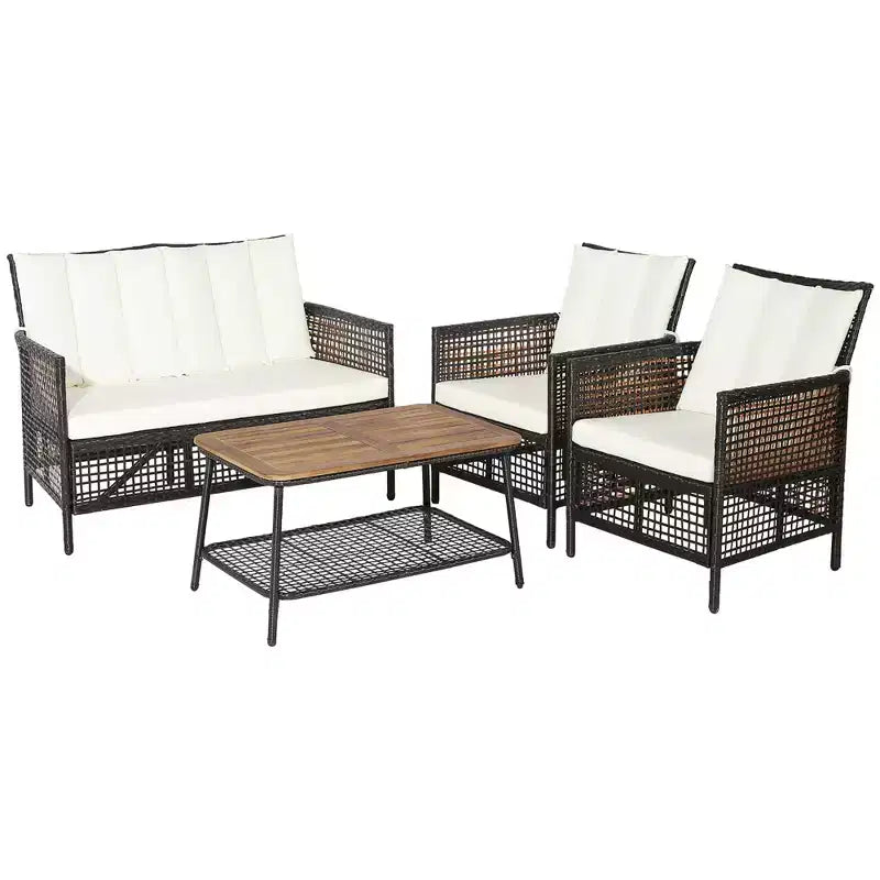 Set di mobili da giardino Costway 8 pezzi in rattan con sedie imbottite e tavolo in legno con ripiano