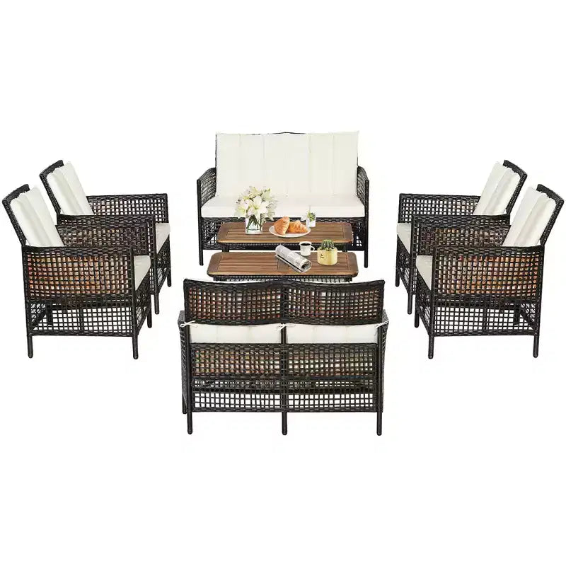 Set di mobili da giardino Costway 8 pezzi in rattan con sedie imbottite e tavolo in legno con ripiano
