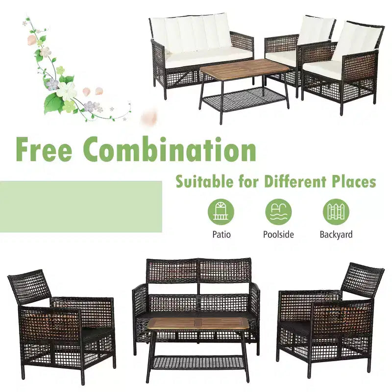 Set di mobili da giardino Costway 8 pezzi in rattan con sedie imbottite e tavolo in legno con ripiano