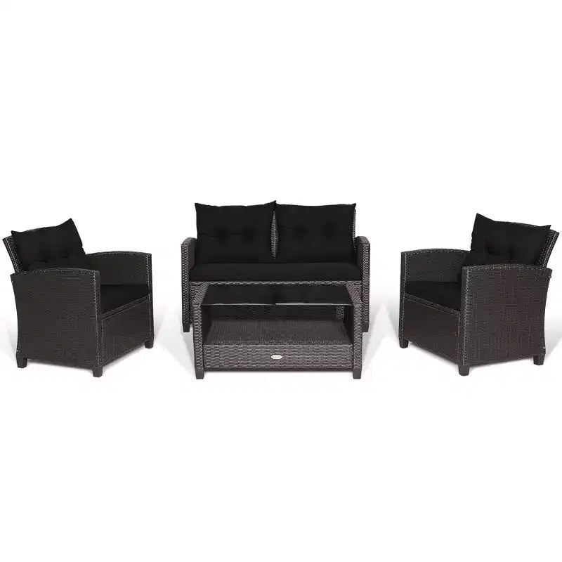 Set di mobili da giardino in rattan a 4 pezzi Costway con tavolo in vetro, scaffale e cuscini per divano