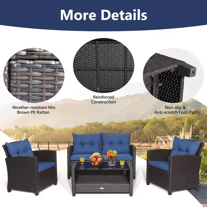 Set di mobili da giardino in rattan a 4 pezzi Costway con tavolo in vetro, scaffale e cuscini per divano