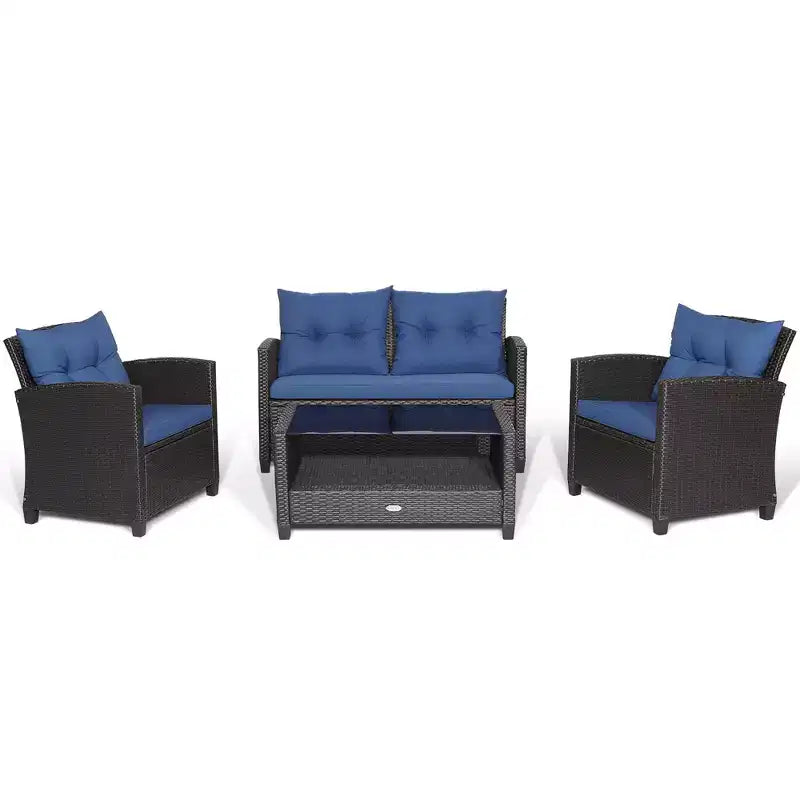 Set di mobili da giardino in rattan a 4 pezzi Costway con tavolo in vetro, scaffale e cuscini per divano