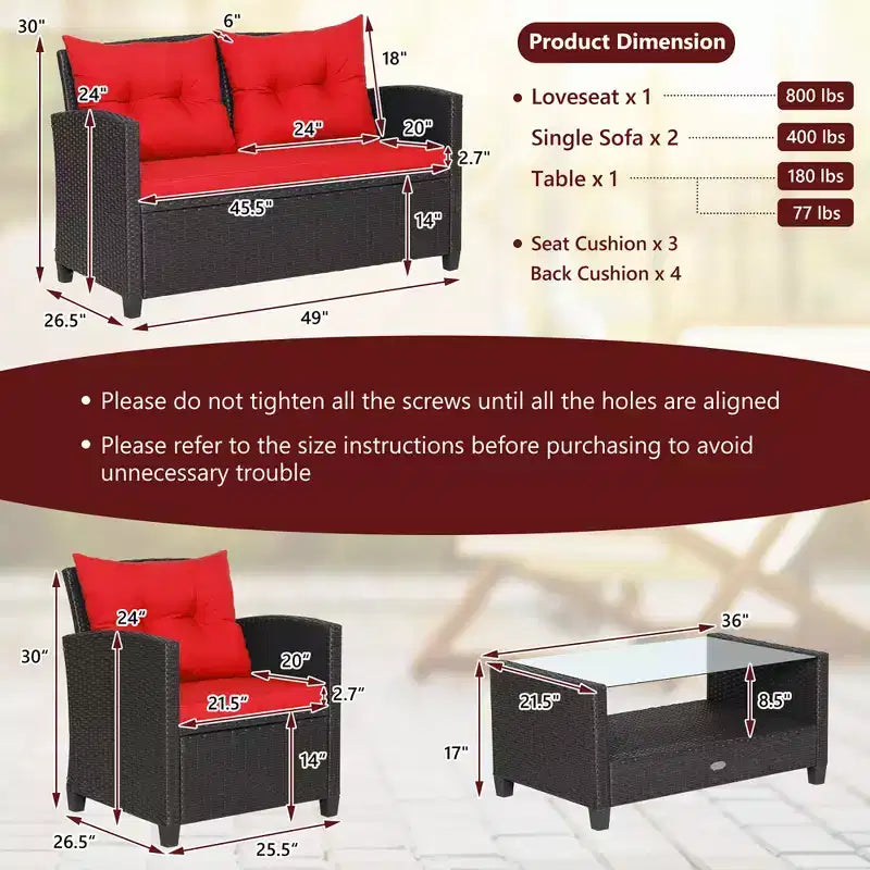 Set di mobili da giardino in rattan a 4 pezzi Costway con tavolo in vetro, scaffale e cuscini per divano
