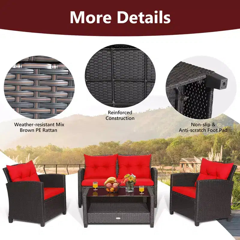 Set di mobili da giardino in rattan a 4 pezzi Costway con tavolo in vetro, scaffale e cuscini per divano