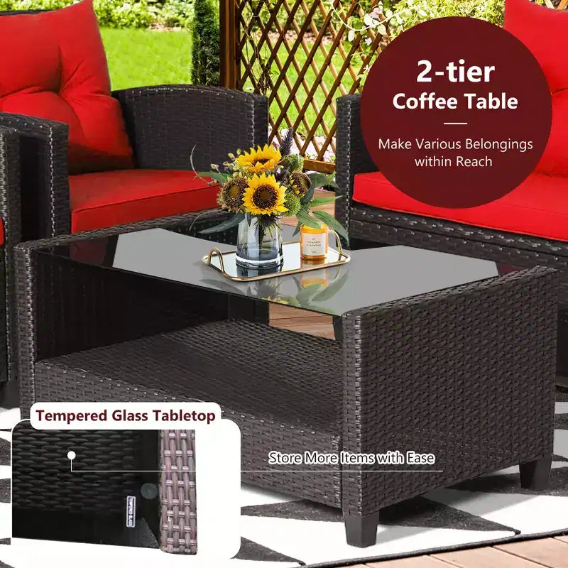 Set di mobili da giardino in rattan a 4 pezzi Costway con tavolo in vetro, scaffale e cuscini per divano