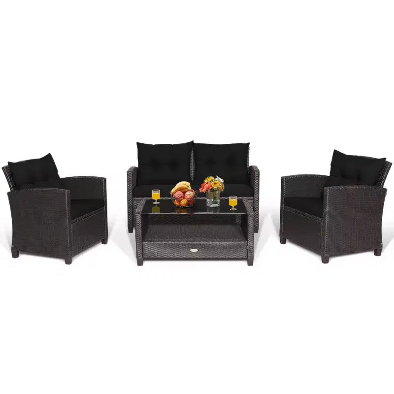 Set di mobili da giardino in rattan a 4 pezzi Costway con tavolo in vetro, scaffale e cuscini per divano