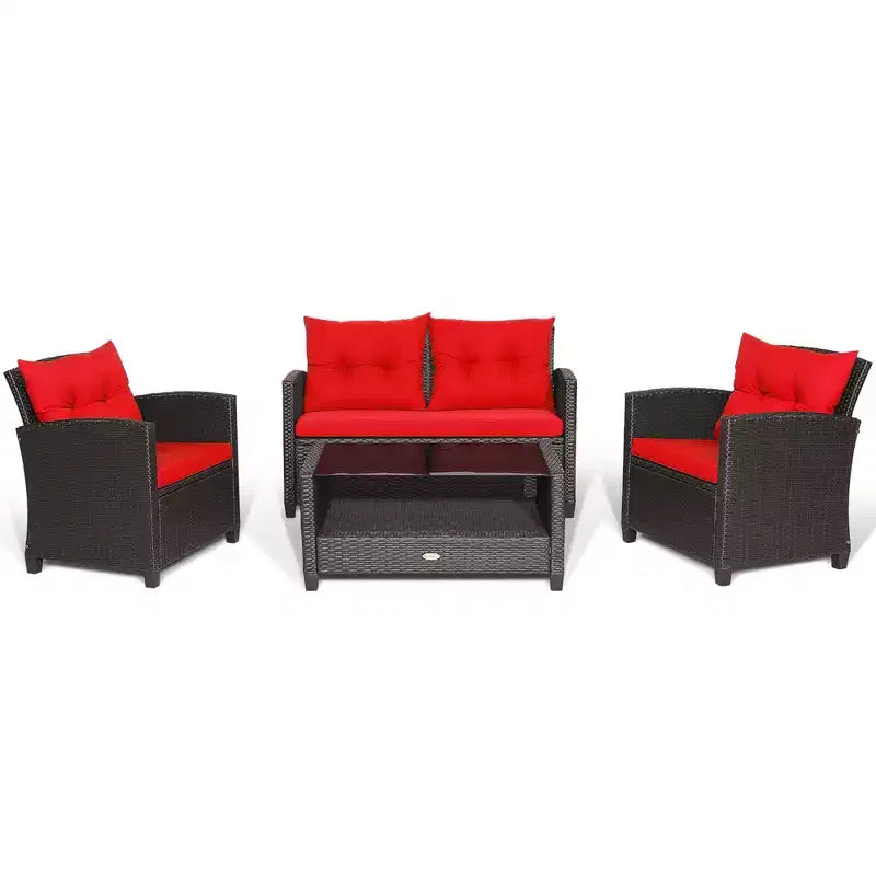 Set di mobili da giardino in rattan a 4 pezzi Costway con tavolo in vetro, scaffale e cuscini per divano