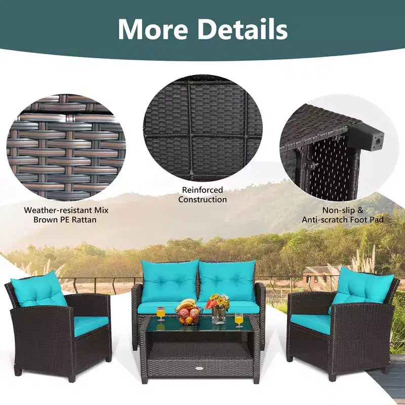 Set di mobili da giardino in rattan a 4 pezzi Costway con tavolo in vetro, scaffale e cuscini per divano