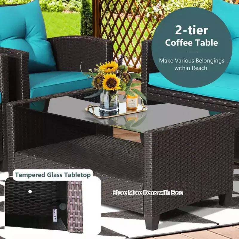 Set di mobili da giardino in rattan a 4 pezzi Costway con tavolo in vetro, scaffale e cuscini per divano