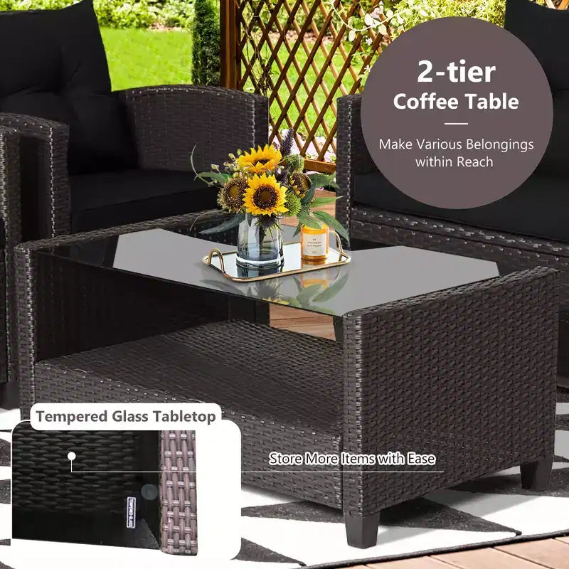 Set di mobili da giardino in rattan a 4 pezzi Costway con tavolo in vetro, scaffale e cuscini per divano