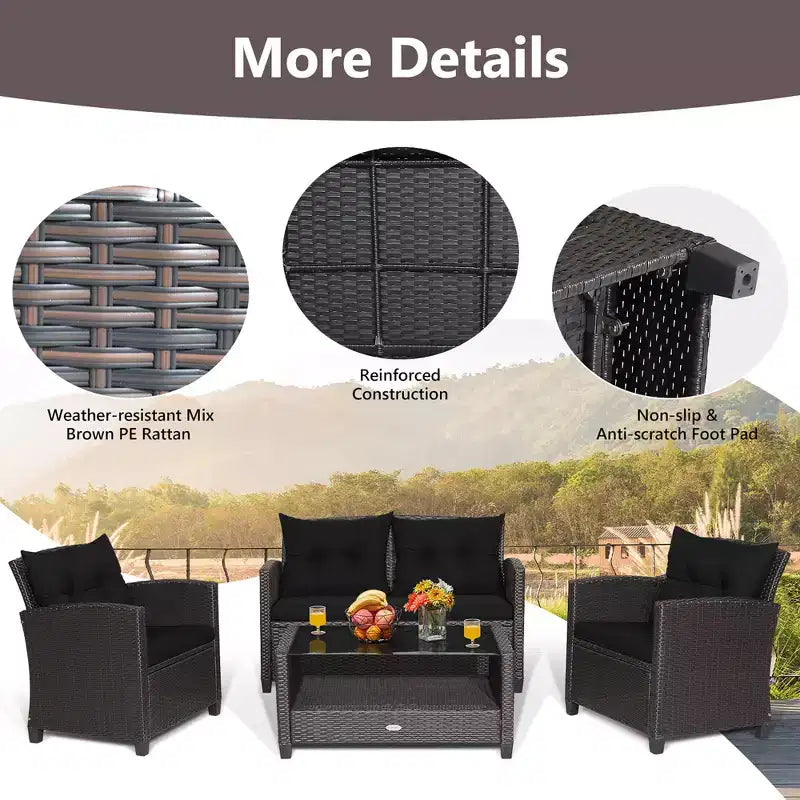 Set di mobili da giardino in rattan a 4 pezzi Costway con tavolo in vetro, scaffale e cuscini per divano