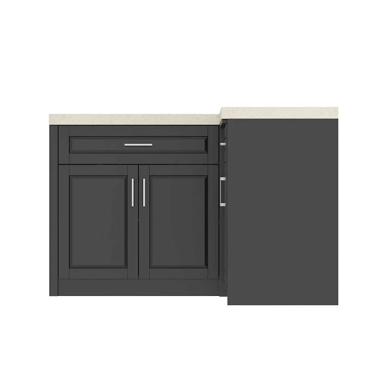 Mobile angolare da cucina efficiente, isola da cucina a L: ampio spazio contenitore con cassetti scorrevoli fluidi, piano di lavoro con protezione UV