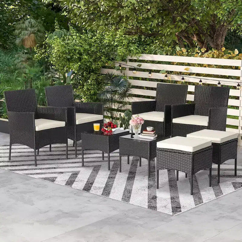 Costway Set Arredo Giardino 8 Pezzi in Rattan Divani Pouf Tavolo Imbottito Combinazione Libera