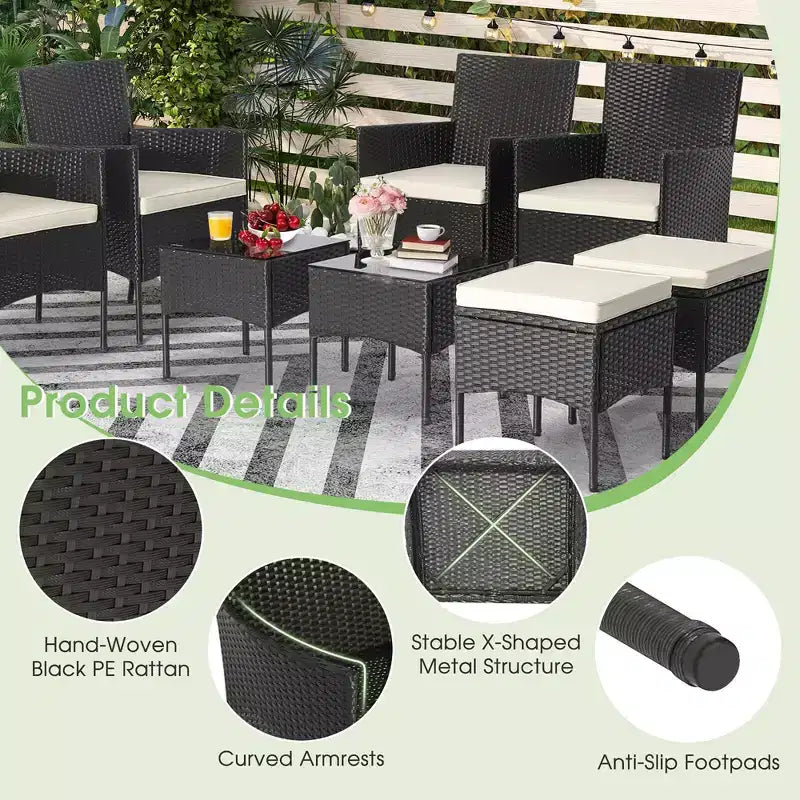 Costway Set Arredo Giardino 8 Pezzi in Rattan Divani Pouf Tavolo Imbottito Combinazione Libera