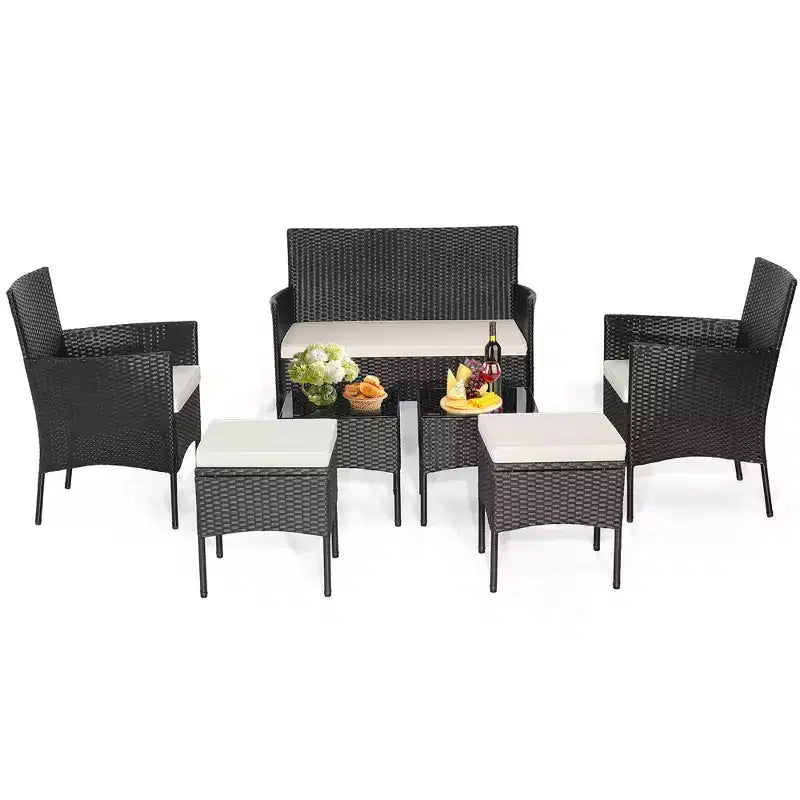Costway Set da Giardino 7 Pezzi in Rattan Divano Tavolo Ottomana Metallo Cuscini per Esterno Piscina
