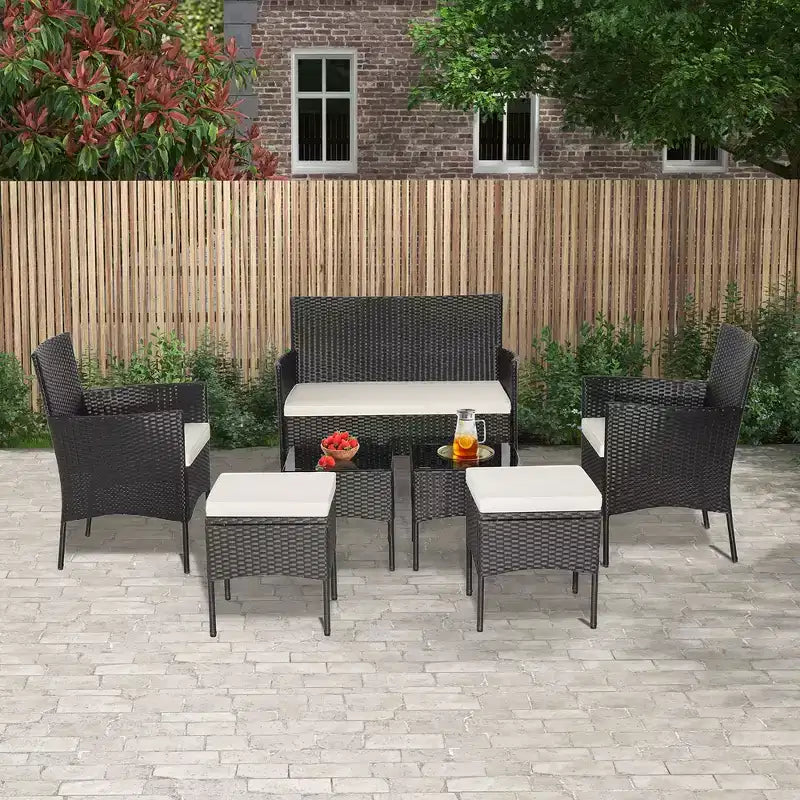 Costway Set da Giardino 7 Pezzi in Rattan Divano Tavolo Ottomana Metallo Cuscini per Esterno Piscina