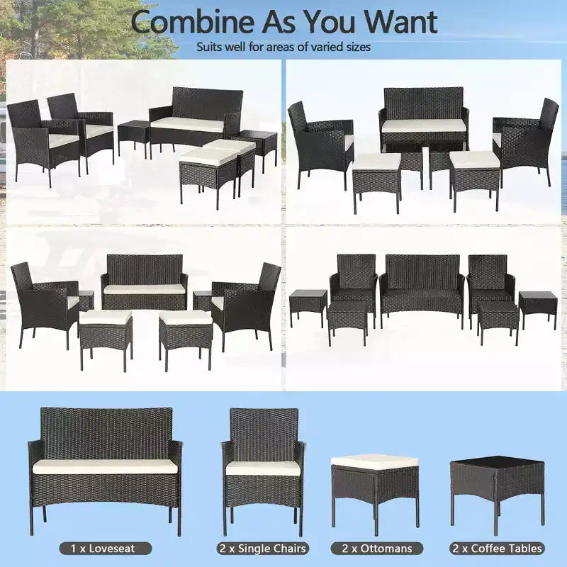 Costway Set da Giardino 7 Pezzi in Rattan Divano Tavolo Ottomana Metallo Cuscini per Esterno Piscina