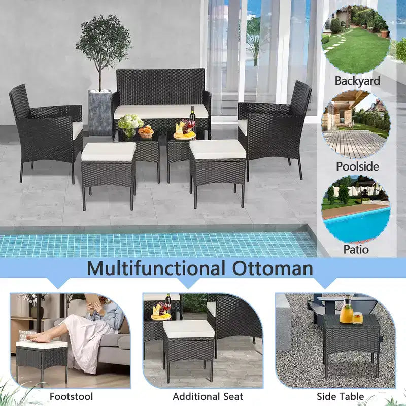 Costway Set da Giardino 7 Pezzi in Rattan Divano Tavolo Ottomana Metallo Cuscini per Esterno Piscina