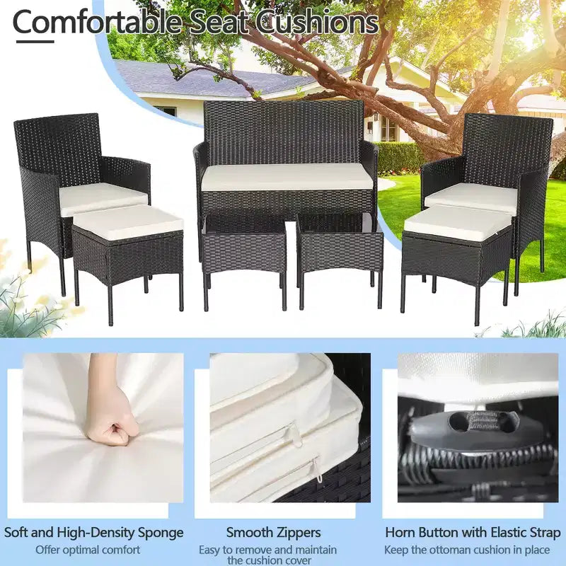 Costway Set da Giardino 7 Pezzi in Rattan Divano Tavolo Ottomana Metallo Cuscini per Esterno Piscina