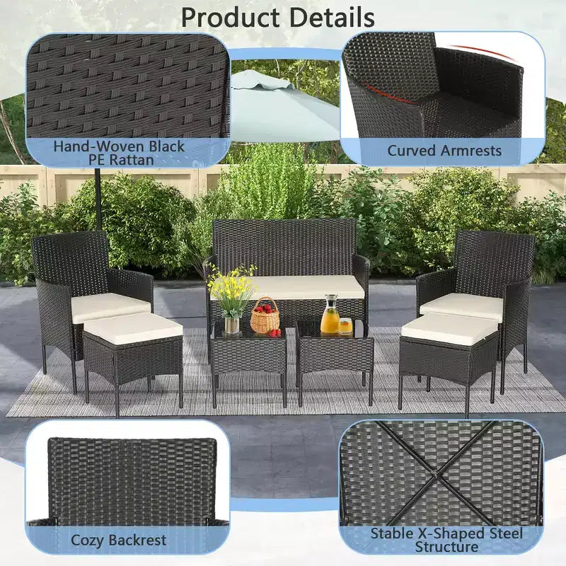 Costway Set da Giardino 7 Pezzi in Rattan Divano Tavolo Ottomana Metallo Cuscini per Esterno Piscina
