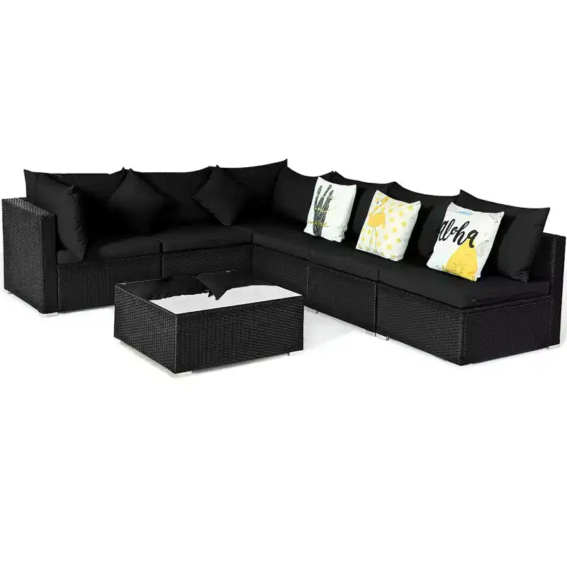 Costway Set divano da esterno 7 pz in rattan, componibile per conversazione, colore nero