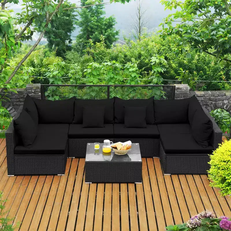 Costway Set divano da esterno 7 pz in rattan, componibile per conversazione, colore nero