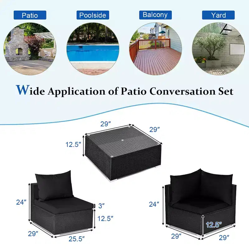 Costway Set divano da esterno 7 pz in rattan, componibile per conversazione, colore nero