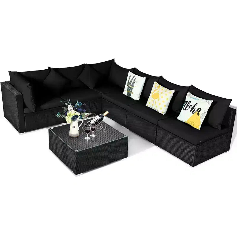 Costway Set divano da esterno 7 pz in rattan, componibile per conversazione, colore nero