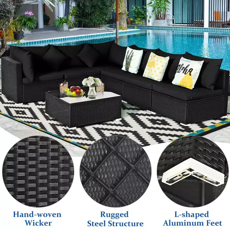 Costway Set divano da esterno 7 pz in rattan, componibile per conversazione, colore nero