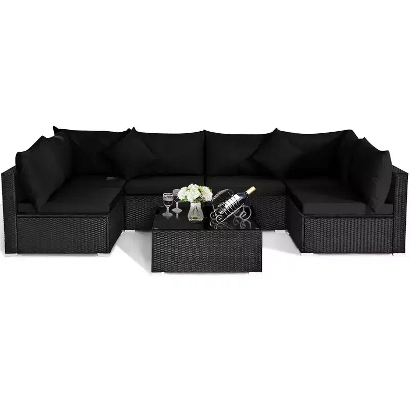 Costway Set divano da esterno 7 pz in rattan, componibile per conversazione, colore nero
