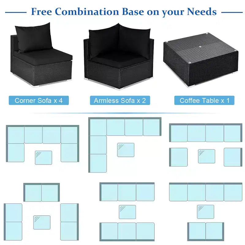 Costway Set divano da esterno 7 pz in rattan, componibile per conversazione, colore nero