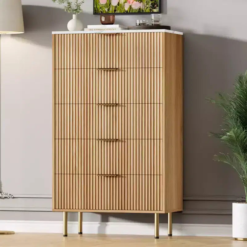 Cassettiera a 5 cassetti Bianca / Marmo e Legno – Pannello scanalato, per 1 persona