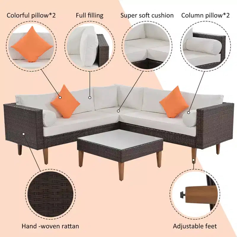 Set Divani da Esterno in Rattan 4 Pezzi, Divano Angolare da Patio con Cuscini Colorati - ModernLuxe