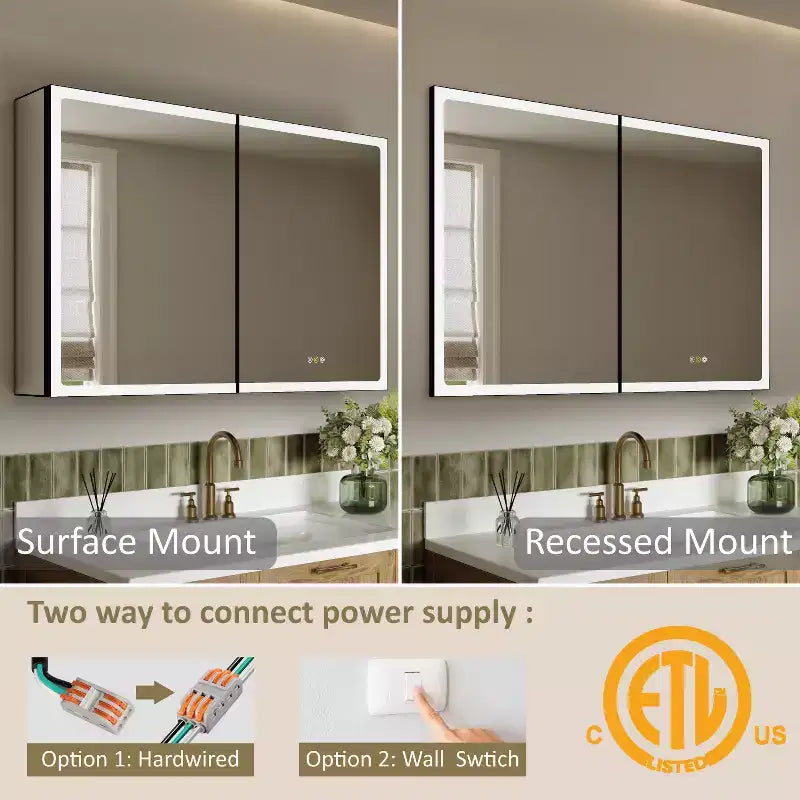 Ντουλάπι φαρμακείου μπάνιου με καθρέφτη LED, για επιτοίχια ή χωνευτή τοποθέτηση, ρυθμιζόμενο φωτισμό, λειτουργία κατά της υγρασίας και ρυθμιζόμενα ράφια