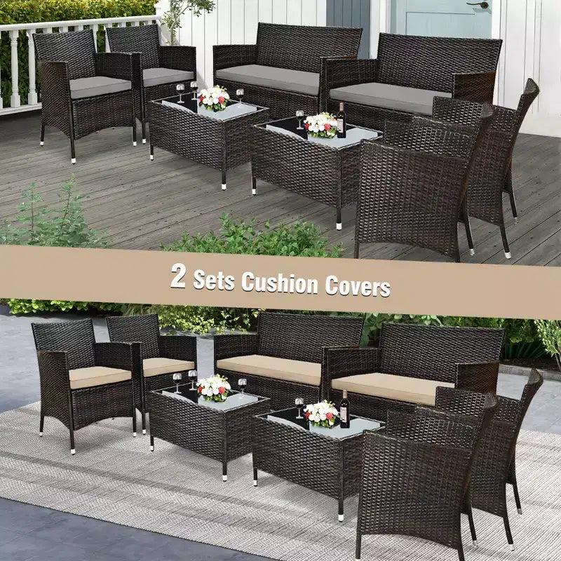 Costway Set di mobili da giardino in vimini da 8 pezzi Divano poltrona con cuscini marroni e rossi