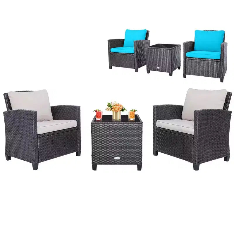 Costway Set di Mobili da Esterno in Rattan 3 Pezzi con Cuscini Beige e Blu Scuro Balcone