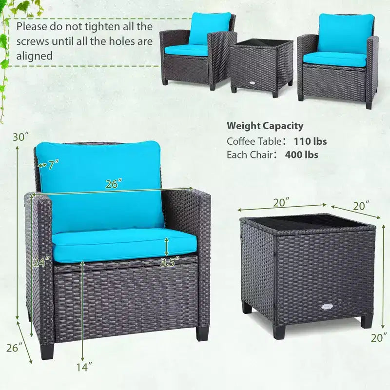 Costway Set di Mobili da Esterno in Rattan 3 Pezzi con Cuscini Beige e Blu Scuro Balcone