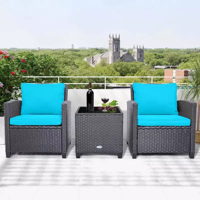 Costway Set di Mobili da Esterno in Rattan 3 Pezzi con Cuscini Beige e Blu Scuro Balcone