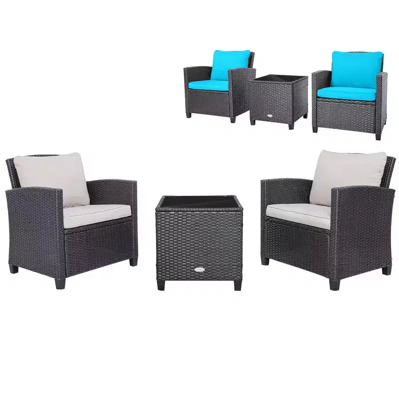 Costway Set di Mobili da Esterno in Rattan 3 Pezzi con Cuscini Beige e Blu Scuro Balcone