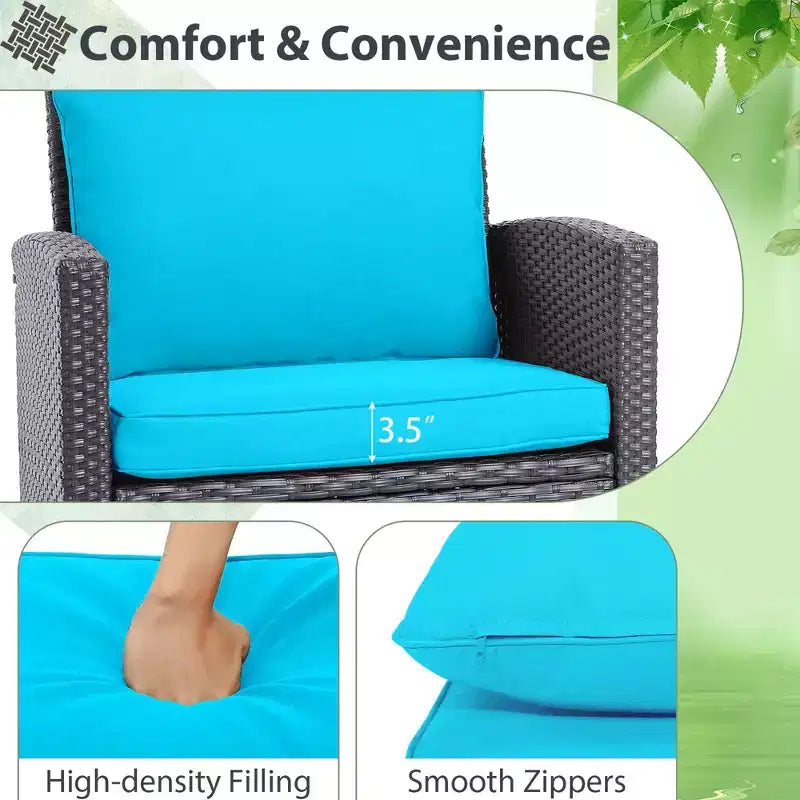 Costway Set di Mobili da Esterno in Rattan 3 Pezzi con Cuscini Beige e Blu Scuro Balcone